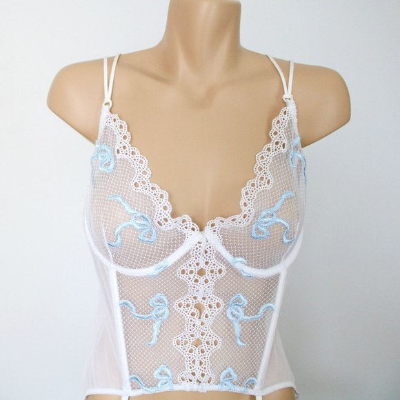 Fredericks of Hollywood Bustier Size 38 Garter Straps White Blue Ribbons B49 - Picture 6 of 14